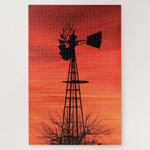 Puzzle Crepúsculo rojo molino de viento del atardecer en 