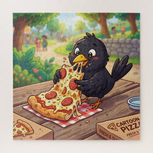 Puzzle Cría de mirlo negro dibujado comiendo pizza