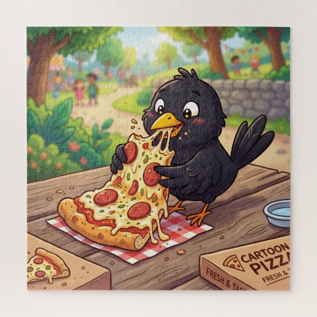 Puzzle Cría de mirlo negro dibujado comiendo pizza (Vertical)
