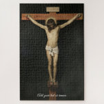 Puzzle "Cristo crucificado" por Diego Valazquez, 1632,<br><div class="desc">"Cristo crucificado" por el pintor español Diego Valázquez, 1632, pintado en aceite sobre lienzo, mide 249 × 170 cm y es propiedad del Museo del Prado, Madrid, España... Los críticos de arte afirman que el cuerpo masculino de estudio para esta pintura es excepcional y magistralmente en su fusión de serenidad,...</div>