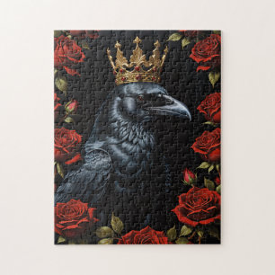 Puzzle Crow in a Gold Crown Ruby Red Roses