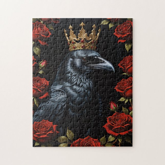 Puzzle Crow in a Gold Crown Ruby Red Roses (Vertical)