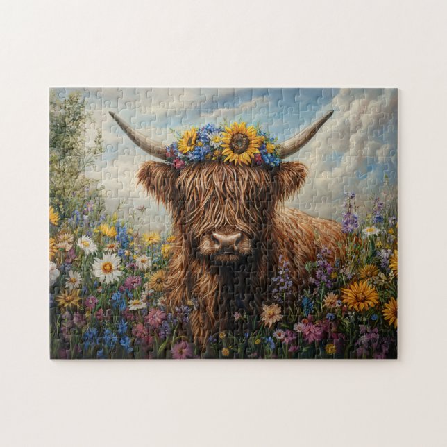 Puzzle Crown de flores silvestres de vaca Highland (Horizontal)