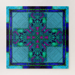 Puzzle Cruz Celta de Vidrio Emplomado en Azul y Acuático