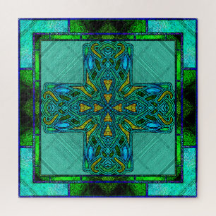 Puzzle Cruz Celta de Vidrio Emplomado en Dorado y Verde