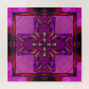 Puzzle Cruz celta de vidrio emplomado en rosa y púrpura