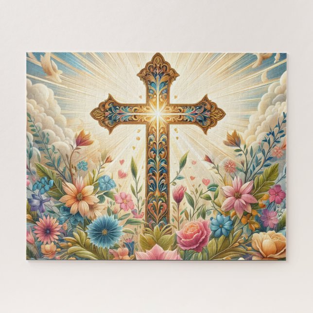 Puzzle Cruz de Pascua dorada cristiana (Horizontal)