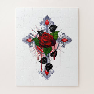 Puzzle Cruz de Plata con una Rosa Roja