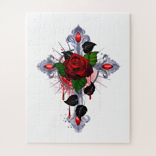 Puzzle Cruz de Plata con una Rosa Roja (Vertical)