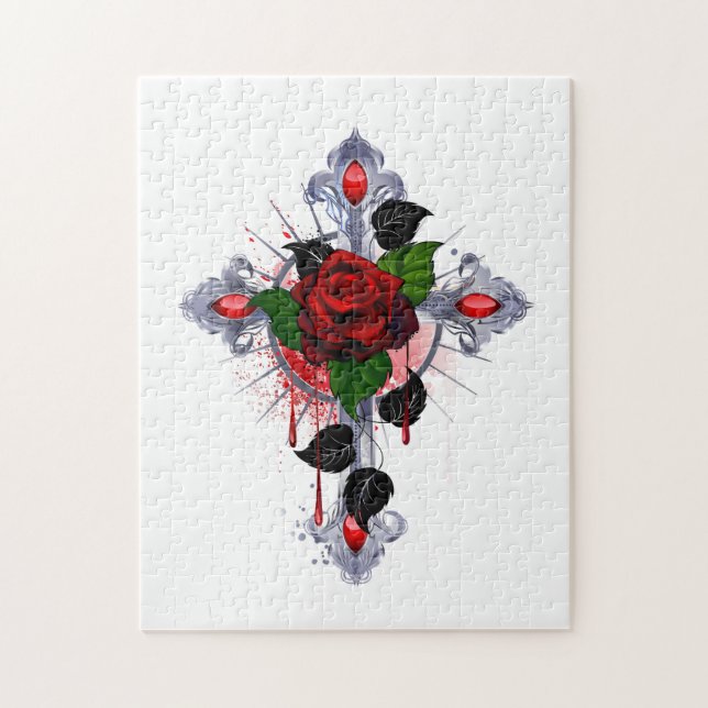 Puzzle Cruz de Plata con una Rosa Roja (Vertical)