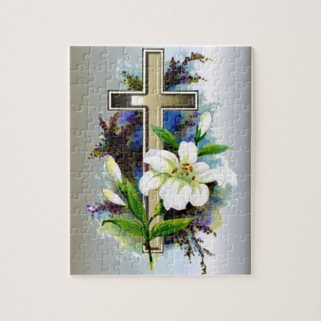 Puzzle Cruz Dorada de Pascua y Flores Blanca Lilly (Vertical)