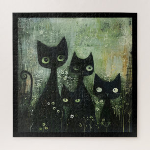 Puzzle Cuatro Gatos Negros con Margaritas sobre Gris Mezc