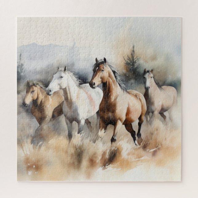 Puzzle “Cuatro Mustangs Salvajes” Acuarela Occidental Pol (Vertical)