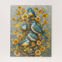 Cuatro pájaros azules y blancos en un árbol florec