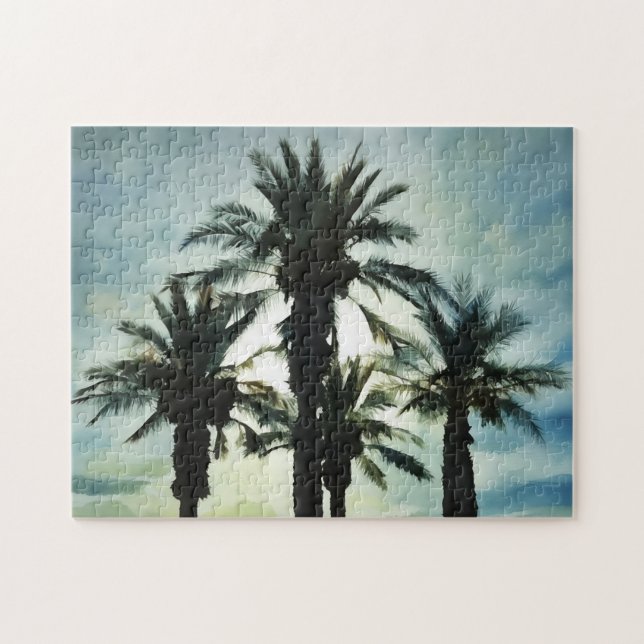 Puzzle Cuatro palmeras tropicales en la acuarela de Sunse (Horizontal)