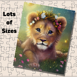 Puzzle Cubo de león de fantasía sobre hierba con flores