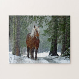 Puzzle Cuenca de nieve de bosque de caballos