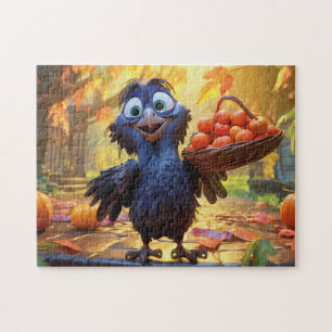 Puzzle Cuervo cosechando manzanas y calabazas en otoño