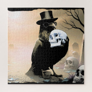 Puzzle Cuervo de Halloween con calaveras