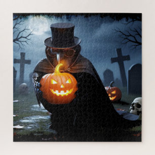 Puzzle Cuervo de Halloween en el cementerio con calabazas