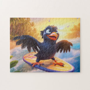 Puzzle Cuervo surfeando en una playa tropical con alas ex