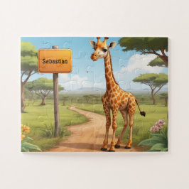 Puzzle Cuidada jirafa feliz en la sabana con nombre