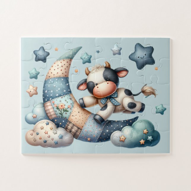 Puzzle Cuidada vaca de patchwork sobre la luna con estrel (Horizontal)