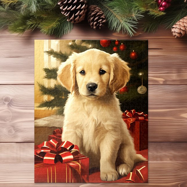 Puzzle Cuidado Golden Retriever Christmas Tree Holiday Ar (Cute Golden Retriever Christmas Tree Holiday Art Jigsaw Puzzle)