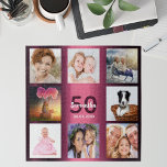 Puzzle Cumpleaños 50 collage de fotos mujer púrpura<br><div class="desc">Un regalo para el cumpleaños 50 (o cualquier edad) de una mujer, celebrando su vida con un collage de ocho de tus fotos. Plantillas para un nombre, edad 50 y fecha. Fecha de nacimiento o fecha del aniversario. Letras de color morado oscuro y blanco. Color de fondo de gradiente morado...</div>