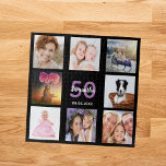 Puzzle Cumpleaños 50 foto colage mujer negra<br><div class="desc">Un regalo para el cumpleaños 50 (o cualquier edad) de una mujer,  celebrando su vida con un collage de ocho de tus fotos. Plantillas para un nombre,  edad 50 y fecha. Fecha de nacimiento o fecha del aniversario. Letras moradas y blancas. Color del fondo negro de la moda.</div>