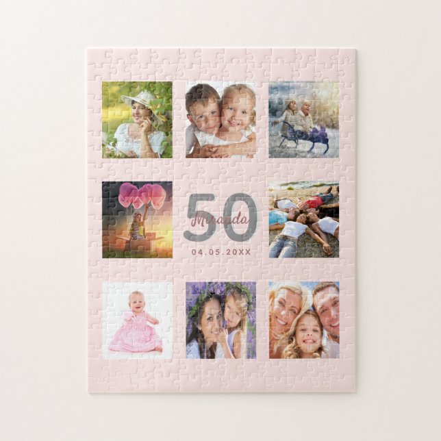 Puzzle Cumpleaños 50 personalizado foto rosa oro rosa rub (Vertical)