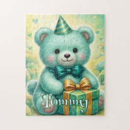 Puzzle Cumpleaños de osito de peluche turquesa verde ment