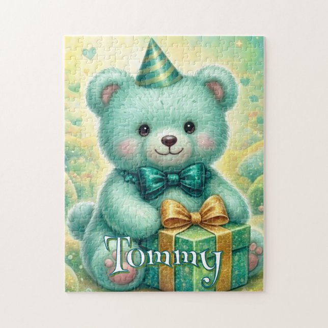 Puzzle Cumpleaños de osito de peluche turquesa verde ment (Vertical)