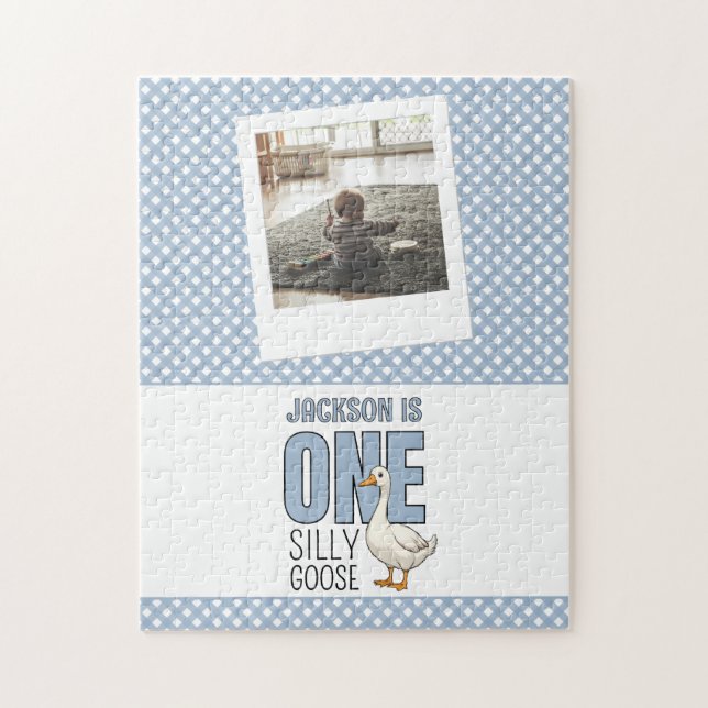 Puzzle Cumpleaños personalizado moderno azul un ganso ton (Vertical)