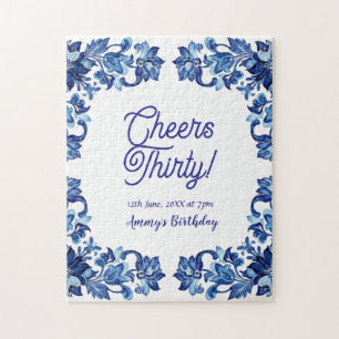 Puzzle Cumpleaños treinta Cheers borde floral azul real n