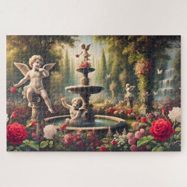 Puzzle Cupid's Garden Cherub and Rose Romantic Artwork (Horizontal)