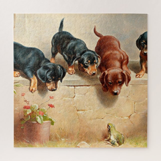 Puzzle Curiosos cachorros de Dachshund y una rana, pintan (Vertical)
