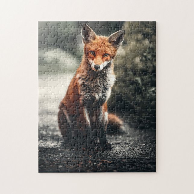 Puzzle Curious Big Red and White Fox Sitting in Nature (Vertical)