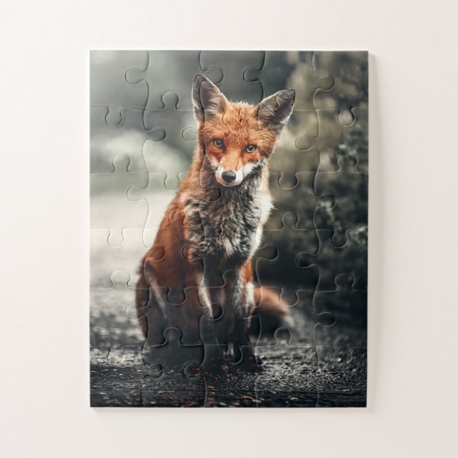 Puzzle Curious Big Red and White Fox Sitting in Nature (Vertical)
