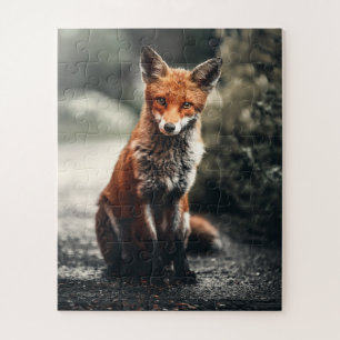 Puzzle Curious Big Red and White Fox Sitting in Nature
