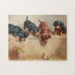 Puzzle Curious Dachshund Puppies | Carl Reichert<br><div class="desc">Curious dachshund puppies and a frog | Carl Reichert’s charming painting Curious Dachshund Puppies and a Frog captures a playful moment, where four adorable dachshund puppies curiously gather around a small frog. The detailed depiction of the puppies’ expressive faces and lively postures, paired with the serene natural setting, creates a...</div>