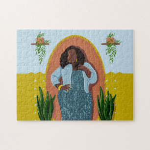 Puzzle Curva, mujer negra, plantas domésticas, amarillo y