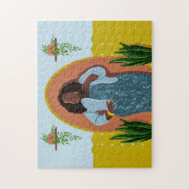 Puzzle Curva, mujer negra, plantas domésticas, amarillo y