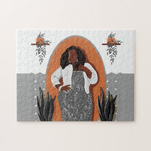 Puzzle Curva, mujer negra, plantas domésticas, Naranja y 