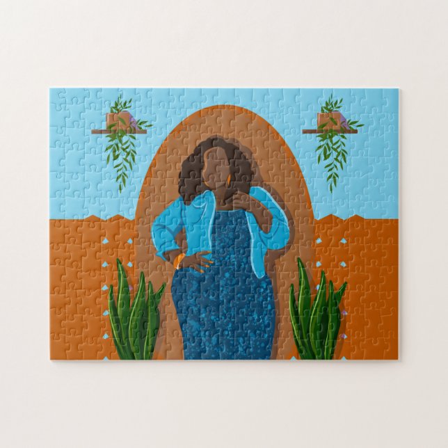 Puzzle Curva, mujer negra, plantas domésticas, Naranja y  (Horizontal)