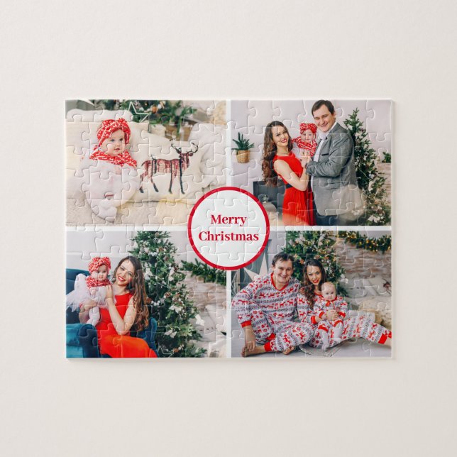 Puzzle Custom 4 Family Photo Collage Merry Christmas (Horizontal)