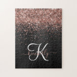Puzzle Custom Rose Gold Glitter Black Sparkle Monogram<br><div class="desc">Easily personalize this trendy elegant jigsaw puzzle design featuring pretty rose gold sparkling glitter on a black brushed metallic background.</div>