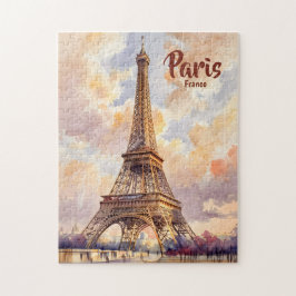 Puzzle Custom Text Watercolor Eiffel Tower Sunset Travel