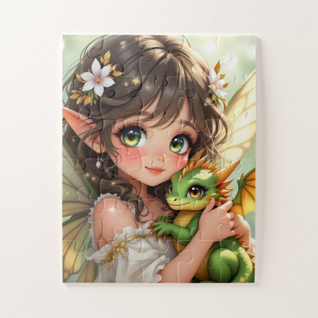 Puzzle Cute Anime Fairy and Chibi Dragon  (Vertical)