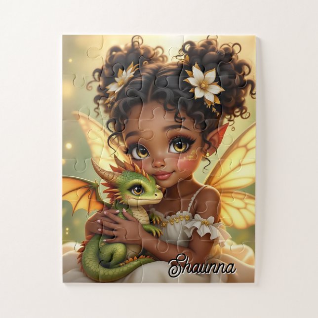 Puzzle Cute Anime Fairy Girl and Chibi Dragon (Vertical)